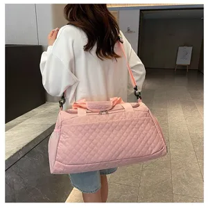 Bolso de viaje acolchado rosa para mujer, bolsa de hombro de nailon grande para fin de semana.