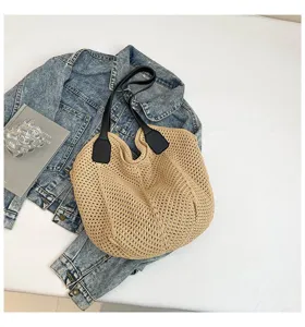 Retro katoen geweven gebreide shopper stijlvolle casual schoudertas voor strandvakantie reizen.