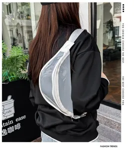 Stylish clear PVC fanny pack for women and men, versatile transparent chest crossbody bag.