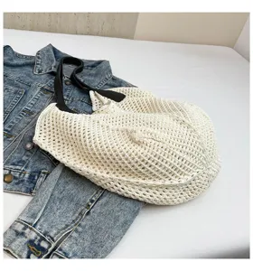 Witte gebreide geweven shopper vintage schoudertas handtas casual strand vakantie tas