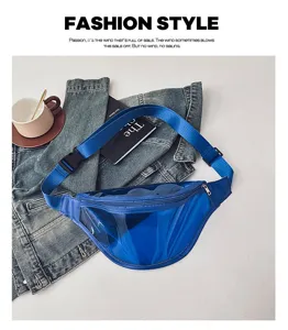 Blue transparent fanny pack detail view, stylish casual chest bag and waist pouch design.