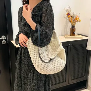 Vintage gehaakte tote tas voor dames, casual gebreide schoudertas met lederen riemen.