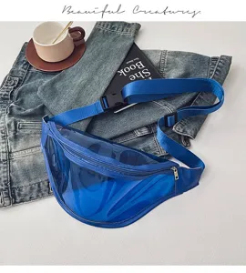 Stylish transparent blue chest bag for women, trendy minimalist casual crossbody waist pack.