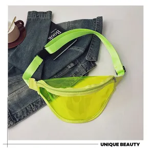 Neon green transparent chest bag, trendy PVC crossbody bag with adjustable strap and zipper.