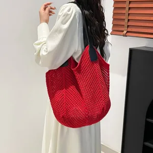 Rode gebreide tote tas voor vrouwen, vintage casual schoudertas voor strandvakantie en dagelijks.