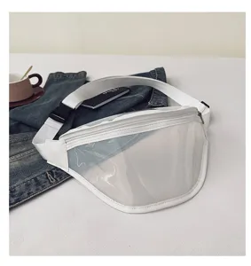 Detail view of transparent white fanny pack showing clear material and white strap design.