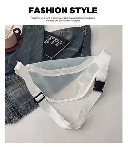 Detailed view of transparent fanny pack with white adjustable strap and black buckle.