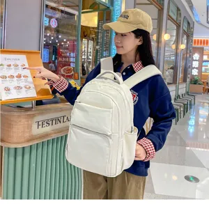White casual canvas backpack, spacious daily school bag and travel daypack for commute.