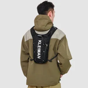 Rear view of a lightweight black hydration vest for marathon running and hiking.