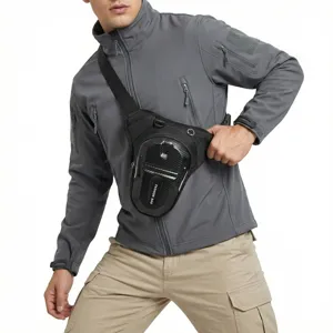 Close-up of tactical motorcycle leg bag, carbon fiber texture, secure zippers and adjustable straps.