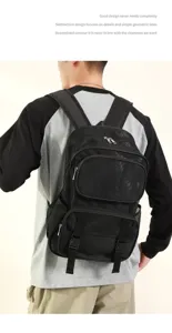 Black mesh backpack detail showing large capacity, breathable design for travel, school and fitness.