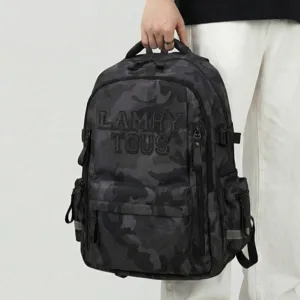 Zwarte camo rugzak, grote capaciteit Koreaanse stijl workwear schooltas vooraanzicht.