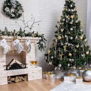 Detailed view of gold glitter weeping willow Christmas tree hanging branch decor