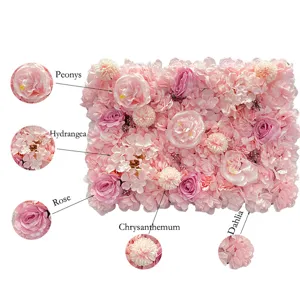 Panel de pared de flores artificiales rosa con peonías, rosas y hortensias para bodas