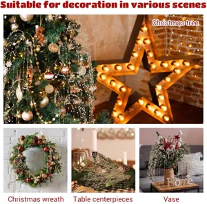 Gold glitter weeping willow stems shown in various Christmas home decor scenarios.