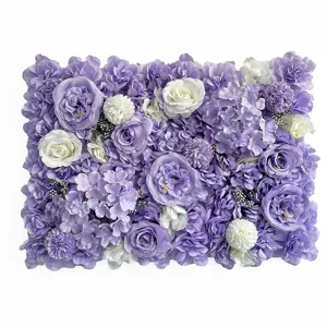 Elegante panel de pared de flores artificiales con rosas y hortensias de seda morada y blanca