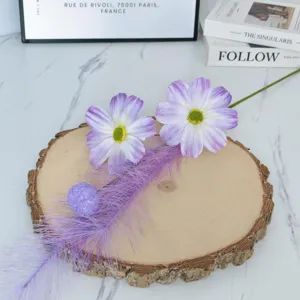 Artificial purple cosmos flower detail, silk floral arrangement for home decor and tabletop.