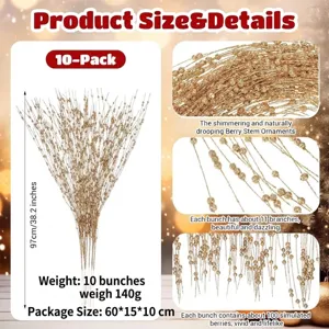 Detail view of 10-pack gold glitter berry stems for Christmas tree decoration