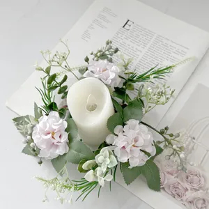 Artificial hydrangea candle ring wreath with white candle for party home wedding decor.
