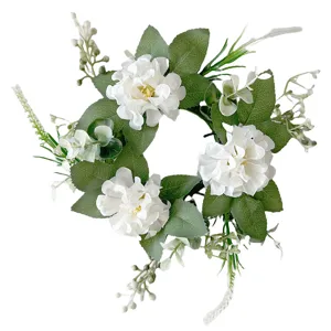 Artificial white hydrangea candle ring wreath for home decor, wedding table centerpiece.