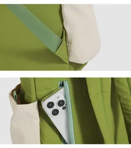 Green and white color block detail backpack large capacity casual travel school bag