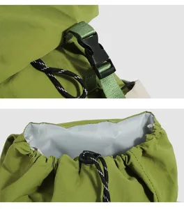 Green backpack detail showing adjustable buckle closure, durable drawstring and waterproof fabric.