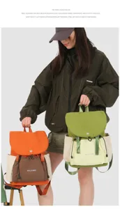 Detail view of casual large capacity double decker backpack with multi pockets and straps.