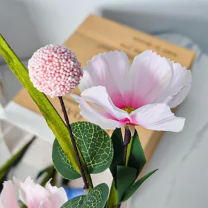 Close-up detail of artificial pink Poppy flower with realistic textures and leaves