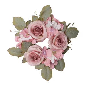 Artificial rose hydrangea candle ring tabletop floral wreath for home and wedding decor.