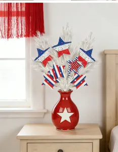 Independence day artificial star branch decor red white blue floral arrangement detail view