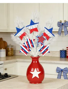 Patriotic star branch arrangement in red ceramic vase, perfect for Independence Day party.