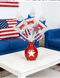 4th of July patriotic star branch decor set with red white blue stars and ceramic vase.
