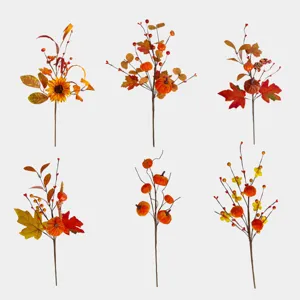 Artificial Pumpkin Maple Leaves Spray Faux Autumn Harvest Flower Plant Stem For Thanksgiving Halloween Home Table Arrangement Decor
