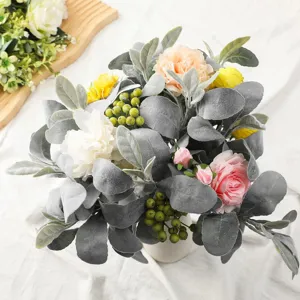 Artificial flocked lamb's ear leaf flower bouquet for indoor home and party decoration