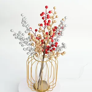 Artificial Berries Stems Silk Fabric Decorative Fake Berries Glitter Gold Silver Red Plant Branches for Christmas Wedding Vase Arrangement Table Centerpiece Home Decor