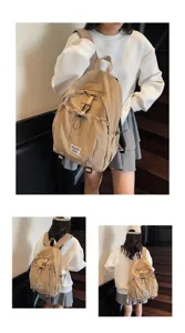High-quality casual khaki backpack for women students shown from various angles on model.