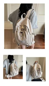 Multiple lifestyle views of a large beige casual nylon backpack for students and travel