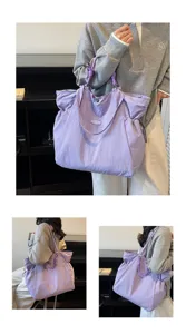 Spacious lavender waterproof tote bag shown from multiple angles for daily commuting.