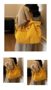 Yellow waterproof large capacity travel tote bag shown from multiple angles on a model