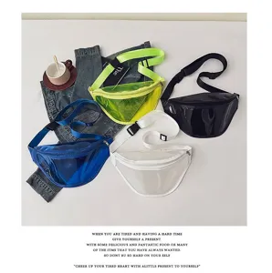 Stylish clear PVC fanny pack chest bag for women and men, trendy waterproof waist bag.