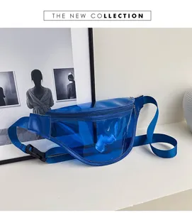 Close-up view of a trendy blue transparent waist bag with adjustable strap and zip closure.