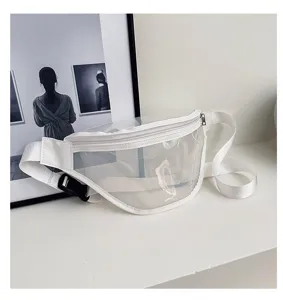 Transparent PVC chest bag with white trim, stylish minimalist crossbody fanny pack for daily.