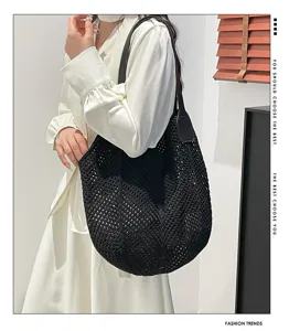 Zwarte gebreide gehaakte schoudertas shopper dames retro katoen geweven handtas strand vakantie