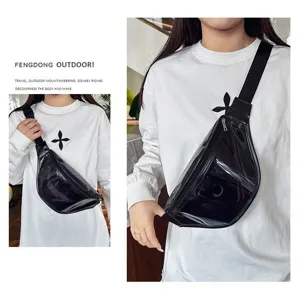 Trendy black glossy chest bag detail view, stylish PU leather crossbody bag for daily outdoor use.