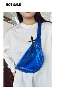 Blue transparent PVC chest bag, stylish zipper crossbody sling bag for women and men daily use.