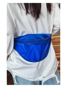 Transparent blue chest bag detail shot showing back wear style, casual streetwear accessory.