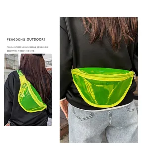 Neon green transparent chest bag detail showing zipper closure and stylish fashion design.