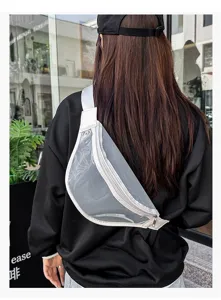 Clear transparent chest bag for women, stylish crossbody fanny pack with white zipper detail.
