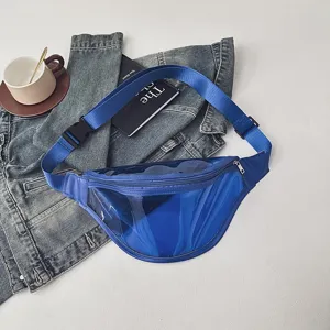 Stylish blue transparent fanny pack women fashion clear waist bag casual chest bag.