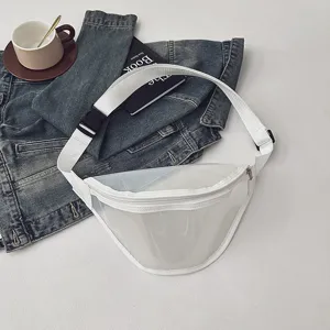 Clear PVC fanny pack chest bag for women and men, casual transparent waist bag with white strap.